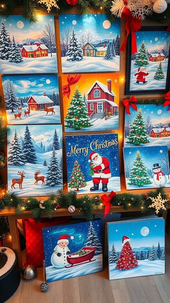 A collection of Christmas paintings featuring winter scenes, Santa Claus, and holiday decorations on a rustic table.